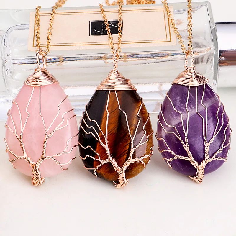 Tree of Life 7 Chakra Natural Gemstone Necklace Crystal Energy Healing Handmade Pendant Necklace for Women Men Yoga Jewelry